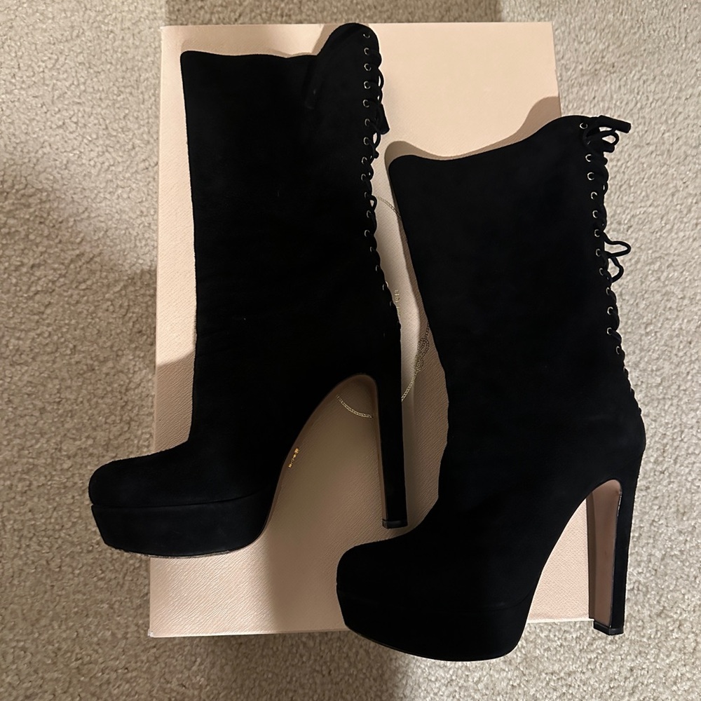 Prada Women's Black Suede Heeled Boots